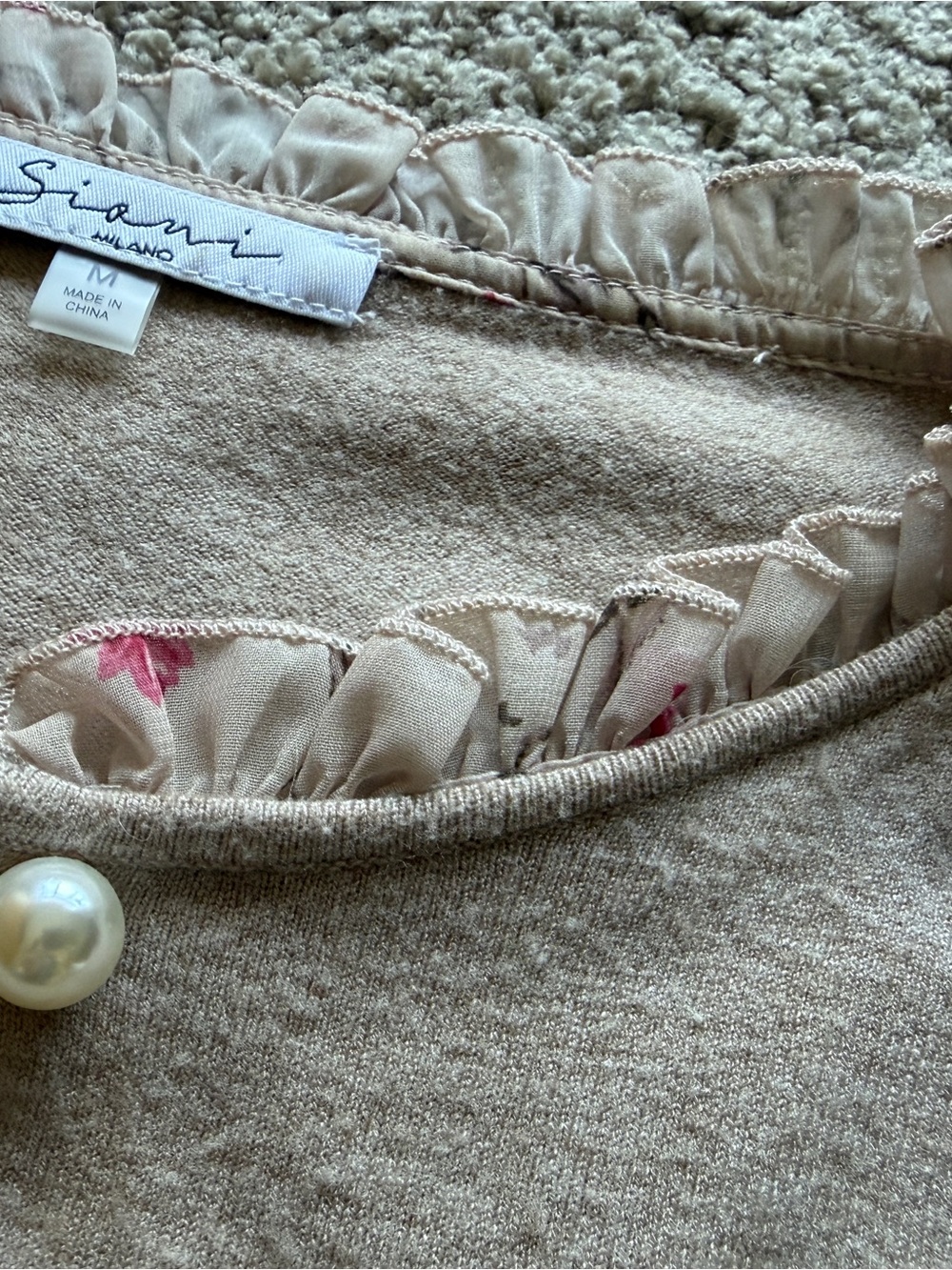 Sioni Beige Knit Sweater with Ruffle Trim and Pearl detail